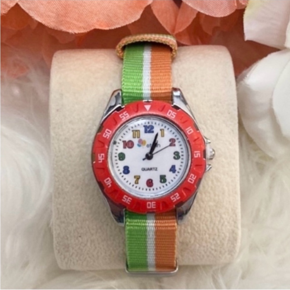 Striped Diver Dial Watch Colorful Orange Red & Green Adjustable Fabric Band NEW!